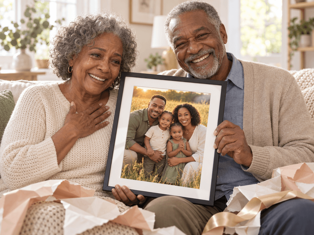 Grandparents receiving a framed family portrait as a gift