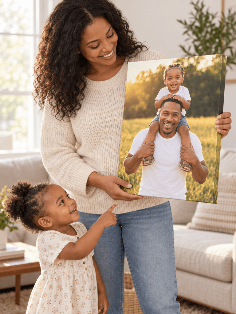 A mother holding a stretched canvas print of her family portrait