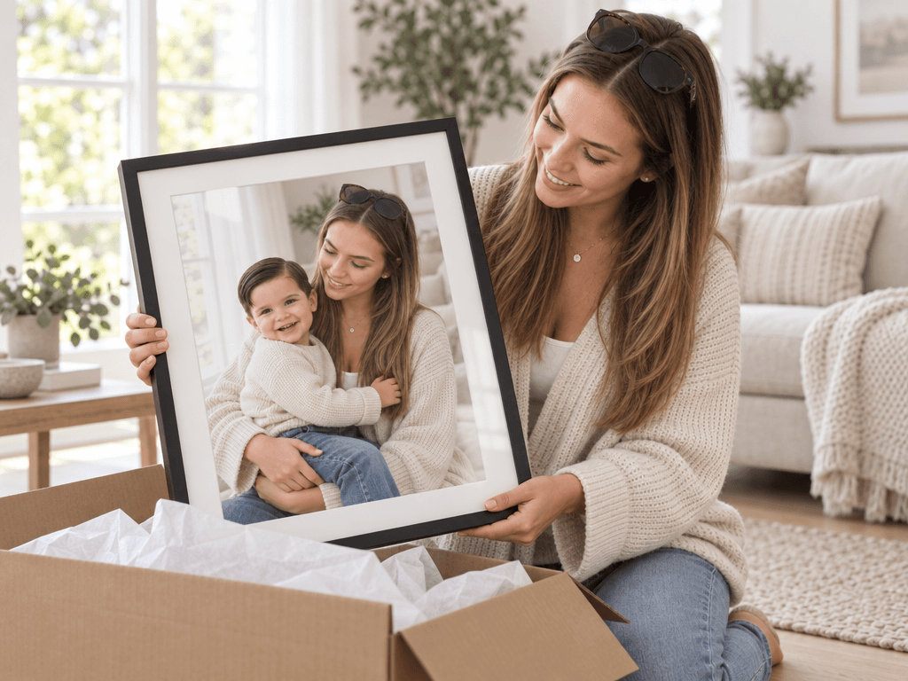 Hands lifting a framed family portrait out of its shipping box