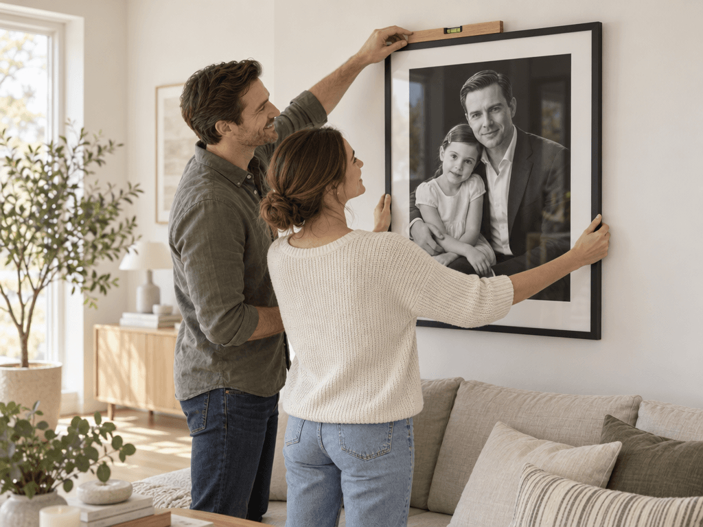 A couple hanging a framed family portrait on the wall above their sofa